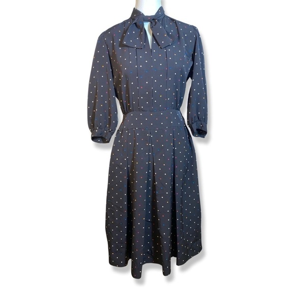 ⭐️Vintage ALBERT NIPON 1970s/80s Petites Neck Bow A-Line Polka Dot Dress - Picture 1 of 8